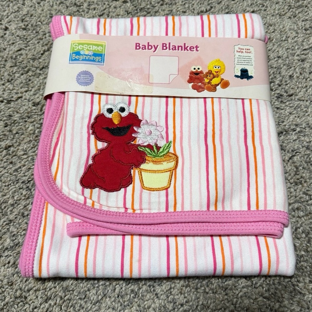 Sesame Beginnings Elmo Baby Blanket Pink Striped 30x30‎ Cotton 2005 NWT